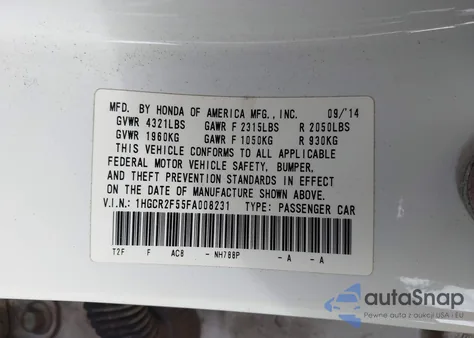 2015 Honda Accord Sport из США, поврежденный, VIN 1HGCR2F55FA008231